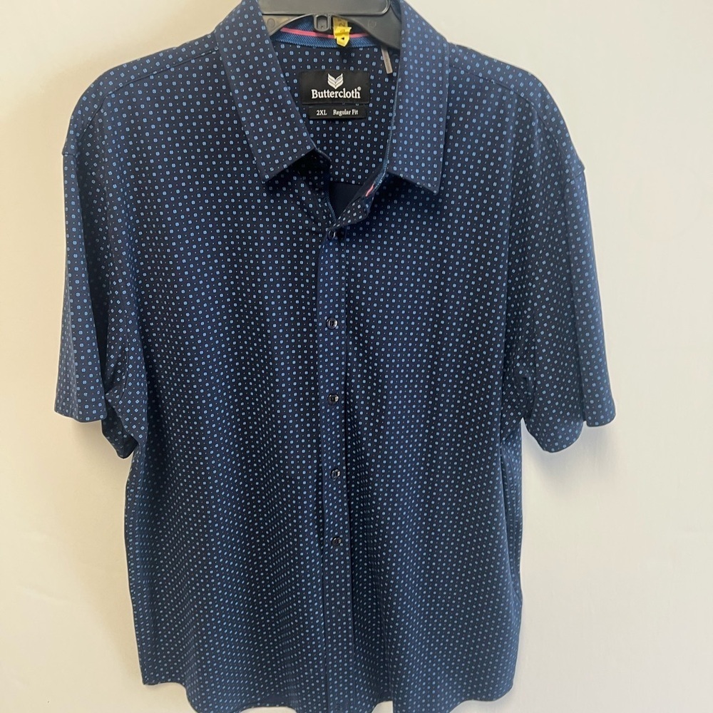 BUTTERCLOTH ICY COTTON MEN’S SHORT SLEEVE SHIRT NAVY/LT BLUE PATTERN 2XL REG FIT